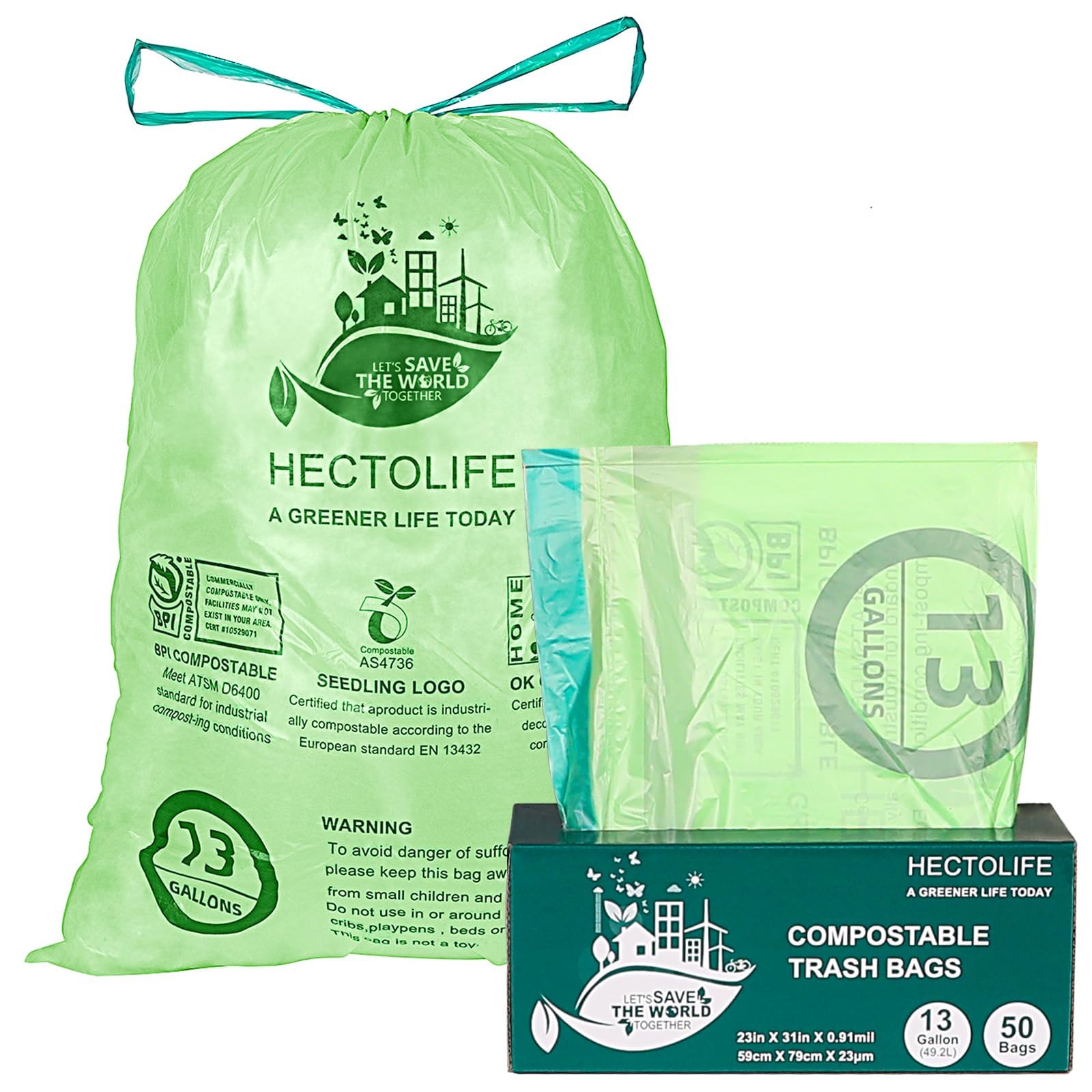 Photo 1 of 13 Gallon,50 Count, Compostable Trash Bags with Drawstring,Tear Resistant Kitchen Food Scrap Waste Bag, ASTM D6400, US BPI and Europe OK Compost Home Certified