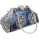 Denim Women's Handbags with Diamonds Jeans Purse Shoulder Bag Crystal Crossbody Bag Evening Clutch Handbag