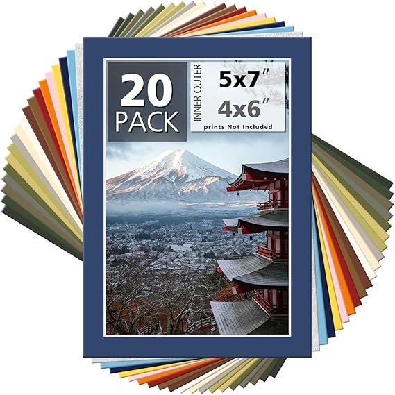 Mat Board Center, Pack of 20, 5x7 Mixed Colors White Core Picture Mats