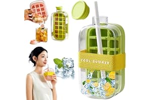 Ice Cube Bottle, 2 in 1 Touch-Free Ice Cube Tray Water Bottle with Lid and Bin, Ice Cube Making Bottle with Straw & Strap, Pe