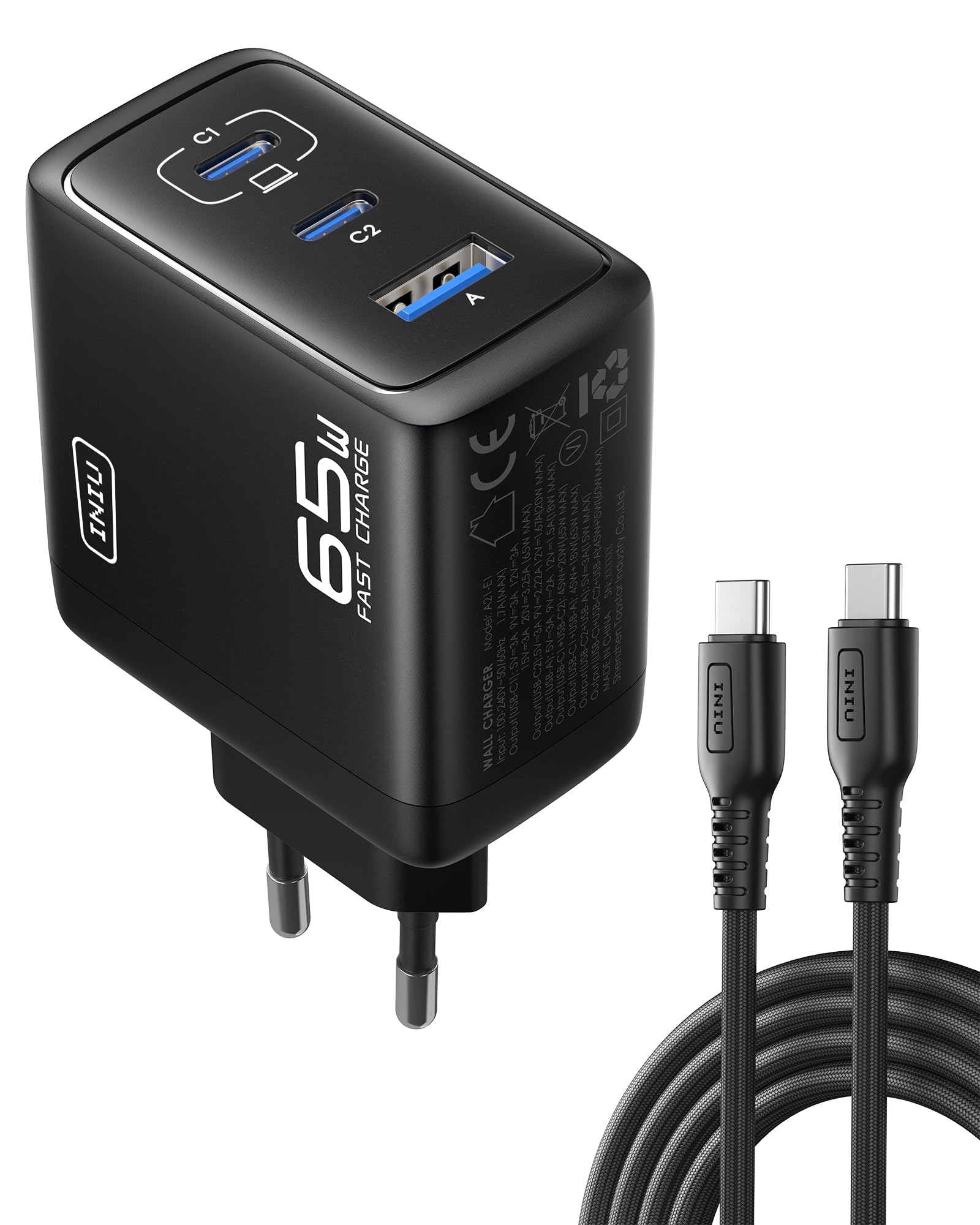 INIU USB C Ladegerät, 65W 3-Port Laptop Schnellladegerät mit 1.5m Kabel