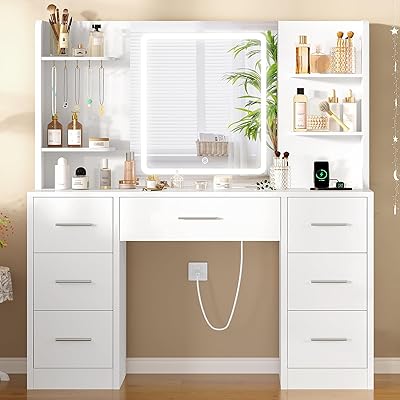 TEENFON Große Schminktisch mit LED-Beleuchtung und Steckdosen, Schminktisch mit Spiegel, 4 offenen Ablagen und 5 Schmuckhaken für das Schlafzimmer, Weiß，7 Schubladen Schminktisch+LED Beleuchtung