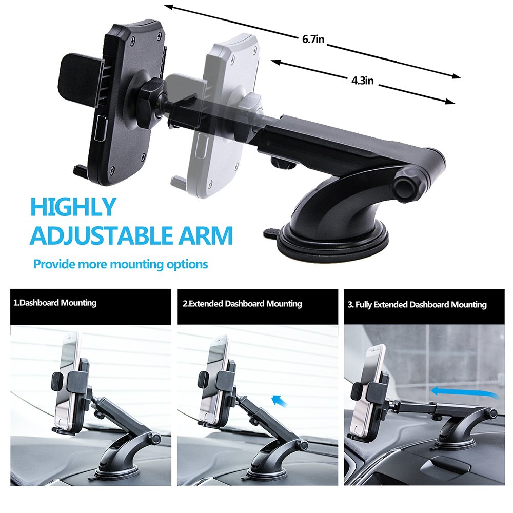 FYHD Car Phone Mount with Extendable Telescopic Arm, Universal Smartphone Car Holder for Car Windshield/Dashboard Compatible with iPhone X 8 8 Plus Samsung Galaxy LG Nexus Sony Nokia and More...