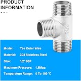 ERGAOBOY 2 Pcs 1/2" BSP Stainless Steel 304 T-Shape 3 Way Fitting Water Oil Gas view 4
