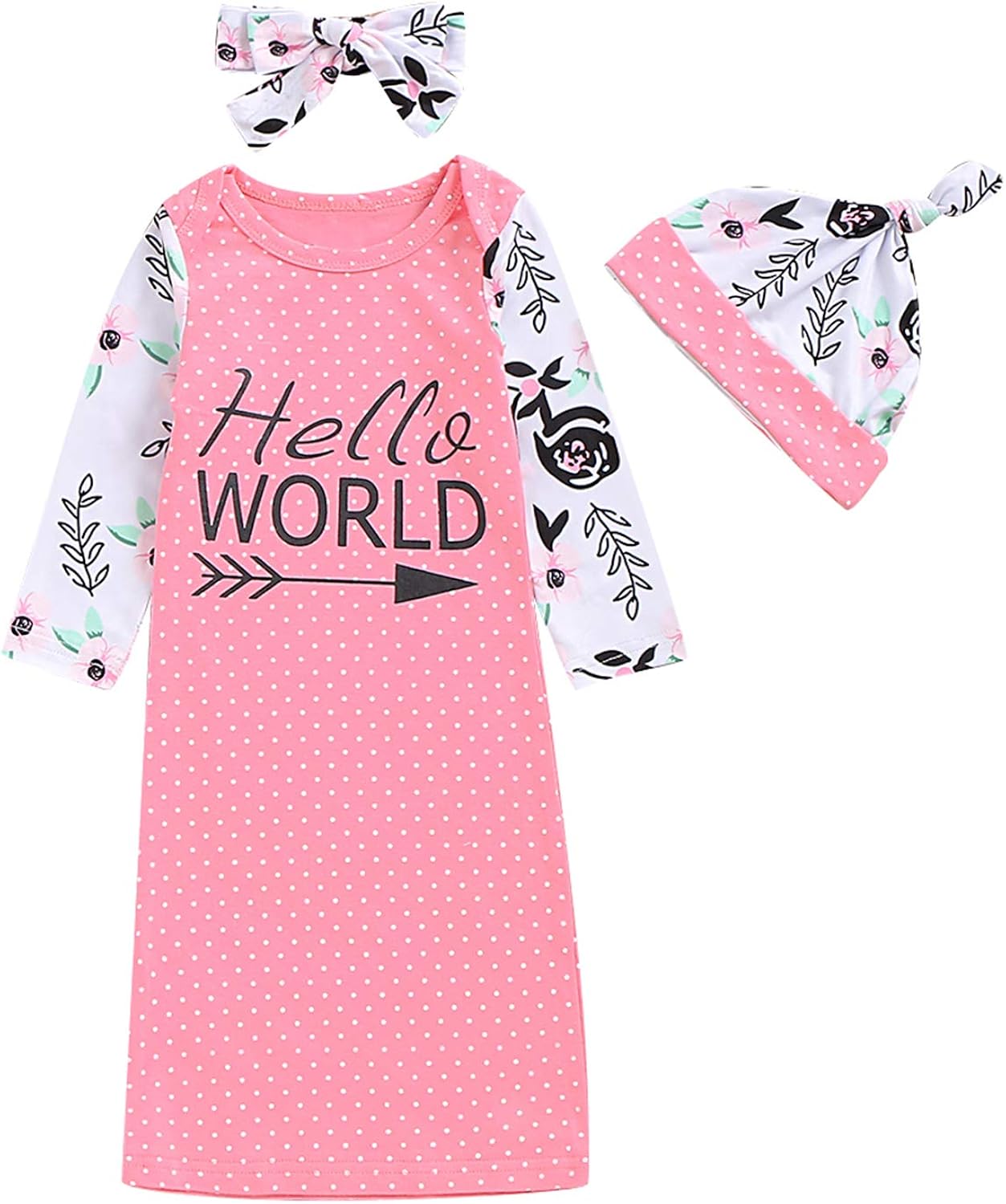 Dramiposs 3PCS Newborn Hello World Nightgown Baby Coming Home Outfits Sleepwear with Headband and Hat: Clothing