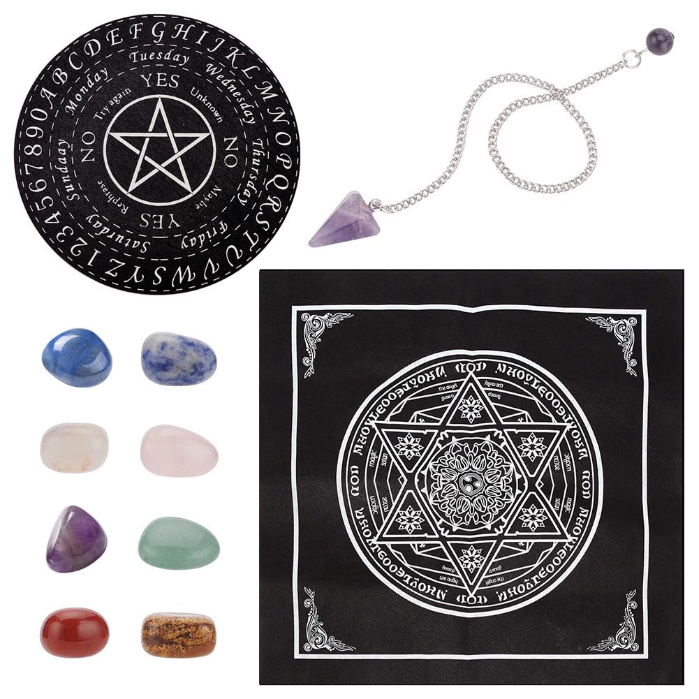 CRASPIRE Pendulum Board Star Wooden Dowsing Board Set Include 8 Chakra Stones Tablecloth and Crystal Dowsing Pendulum Necklace Wooden Board Talking Board for Witchcraft Supplies