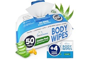 DURACLEANSE XL Body Wipes for Adults Bathing No Rinse - 50 Ct. + 4 Travel Shower Wipes - 9"x12" Thick Cleansing Bath Wash Wipes for Elderly Incontinence - Disposable Washcloths, Camping Essentials for Women & Men