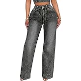 Geulis Womens Rhinestone Jeans Sparkly Glitter High Waisted Straight Leg Jeans Y2k Denim Pants Streetwear
