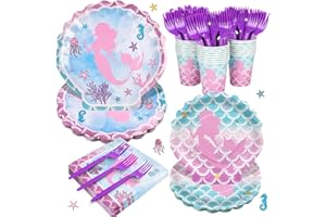 XIENBLOC 120pcs Mermaid Party Supplies Mermaid Birthday Party Plates Napkins Girls Paper Dessert Plates Cups Tableware Set for Baby Shower Ocean Birthday Party Decorations Serves 24 Guests