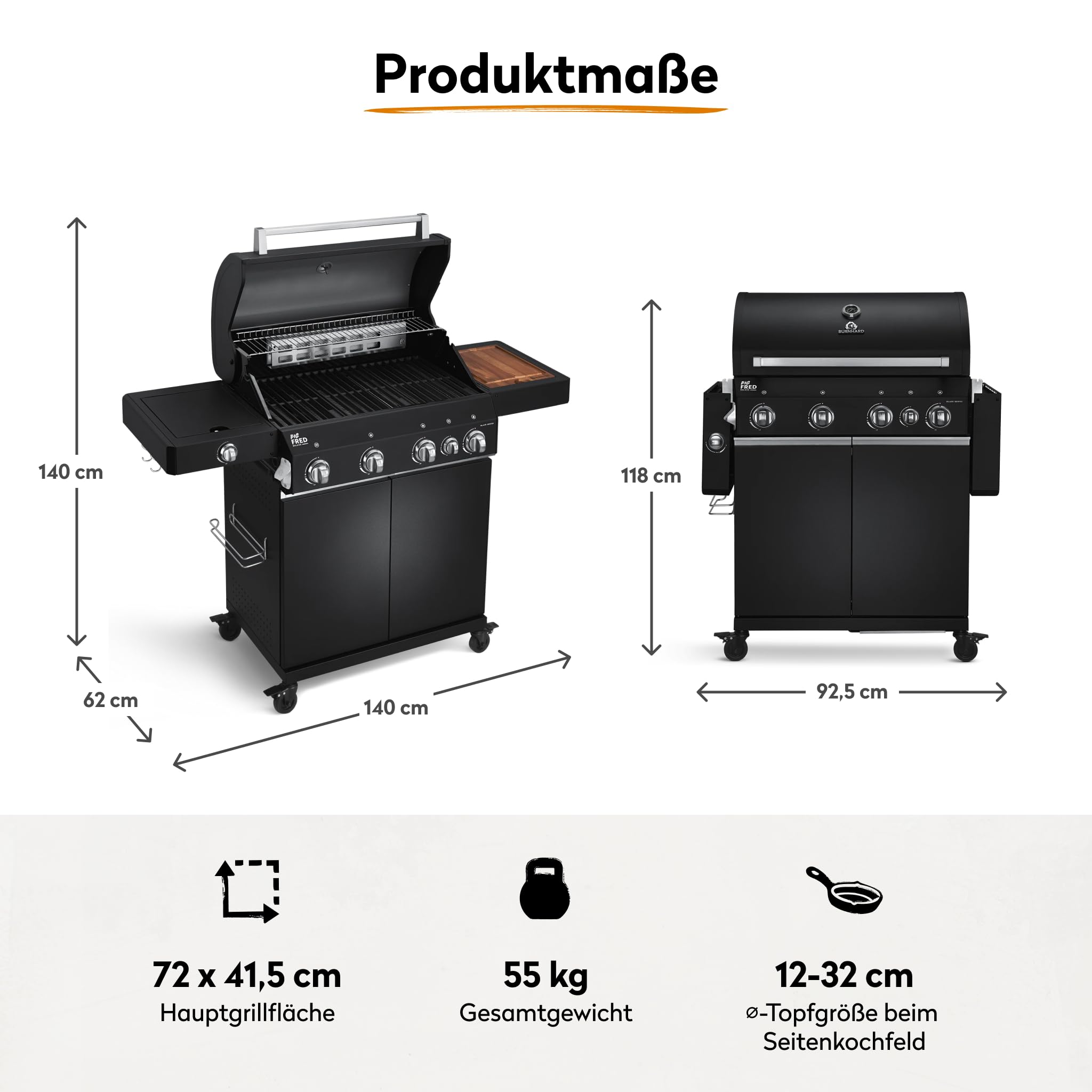 BURNHARD® Gasgrill 4-Brenner inkl. BACKBURNER, 900°C Infrarot-Keramikbrenner, Seitenkochfeld, Gusseisenrost, Abdeckhaube, Schwarz – Big FRED Deluxe 2