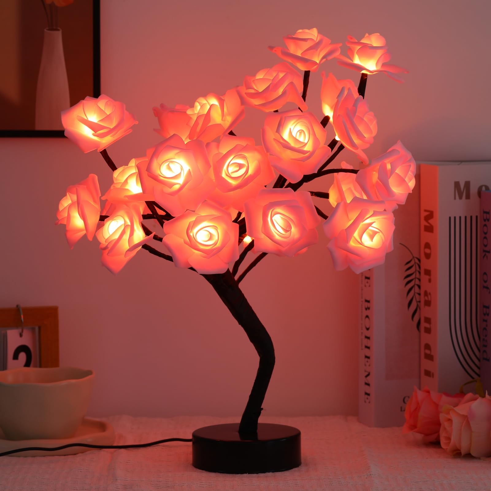 Photo 1 of Drawelry Rose Flower Tree Lamp - LED Rose Tree Table Lamp USB/Battery Powered Artificial Bonsai Flower Night Light for Bedroom Living Room Party Wedding Birthday Decor (Pink)