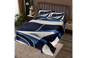Feelyou Geometric Bedspread Queen Size Kids Stripe Line Quilted Coverlet for Boys Girls Teens Modern Art Coverlet Set Blue Qu