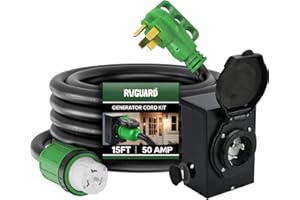 RVGUARD Emergency Power Combo Kit, 15 Foot 50 Amp Generator Cord and Power Inlet Box, NEMA 14-50P to SS2-50R Generator Cord with NEMA SS2-50P Pre-Drilled Generator Inlet Box, ETL Listed
