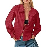 Tankaneo Womens Peter Pan Collar Shirts Puff Long Sleeve Button Down Cotton Blouse Casual Fall Textured Tops