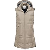 Chrisuno Women's Long Warm Puffer Vest Fleece Sleeveless Vests Waterproof Outerwear With Removable Hood