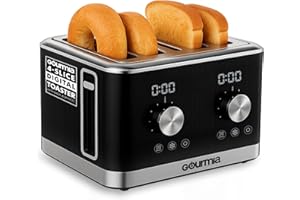 Gourmia 4 Slice Toaster, Double-Sided – Dual Independent Controls, Bagel, Defrost & Reheat Mode, 6 Browning Levels, Extra Wid