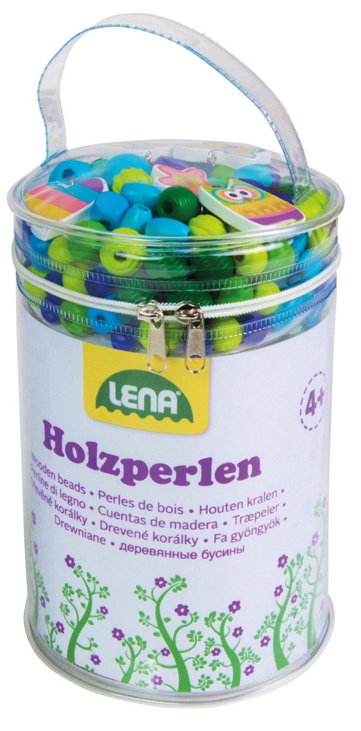 Lena 32003 - Craft set of 400 wooden beads, 5 pendants and 6 strings, wooden bead threading set for children from 4 years, beads for making your own necklaces or wooden bead jewelry