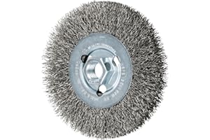 PFERD Crimped Wheel Brush, Stainless Steel Wire, 4-1/2" Diameter, 5/8-11 Thread, 0.014 Wire Size, 15/16" Trim Length, 1/2" Face Width, 12500 max RPM - Part 80354