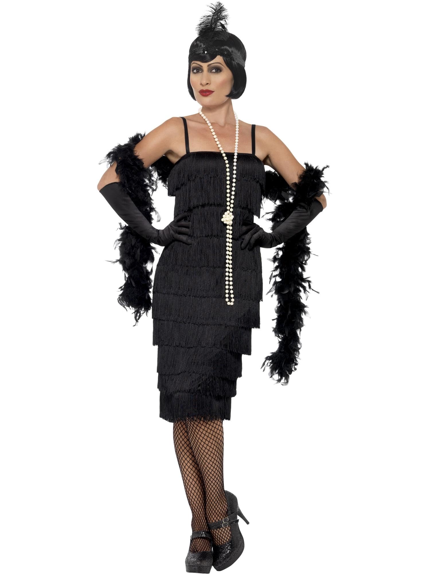 Smiffys Flapper Costume, Black with Long Dress, Headband & Gloves, 1920's Razzle Fancy Dress, Adult Dress Up Costumes Halloween
