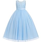 IBTOM CASTLE Flower Girl Sequin Floral Long Tulle Dress Little Girls Formal Birthday Tea Party Wedding Pageant Ball Prom Gown