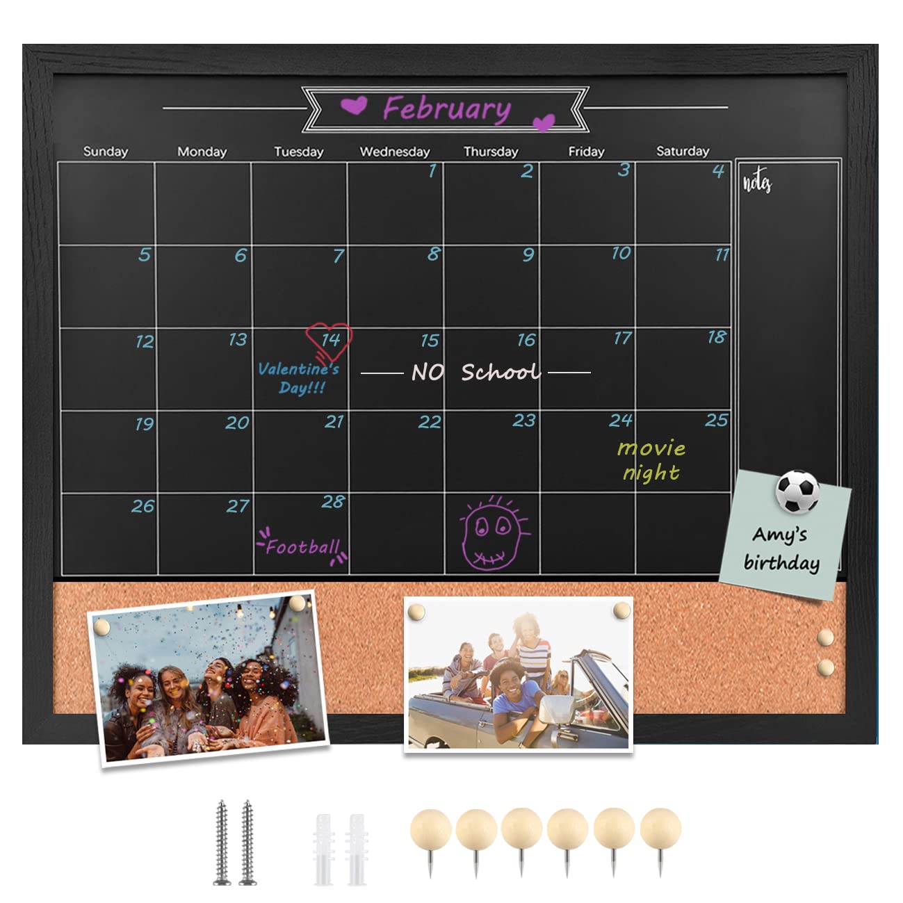 Umtiti Chalkboard Calendar and Bulletin Combo Board. Black Solid Wood Frame，Magnetic Surface Chalkboard.Perfect for Office, Home School Message Board，BK-4555A