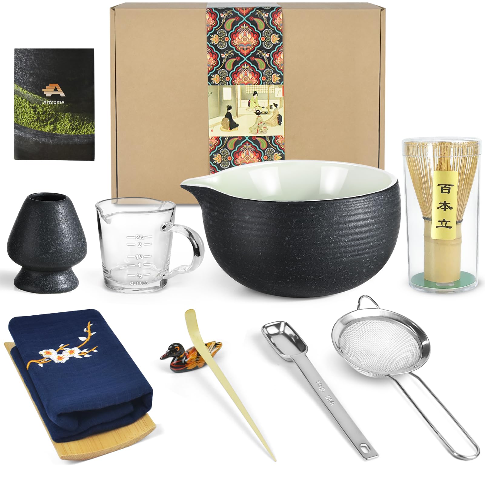 Artcome Bluestone Glaze Matcha Kit - Bowl with Pouring Spout, Whisk, Tea Scoop, Powder Strainer, Set for Usucha, Koicha and Latte (10 PCS)