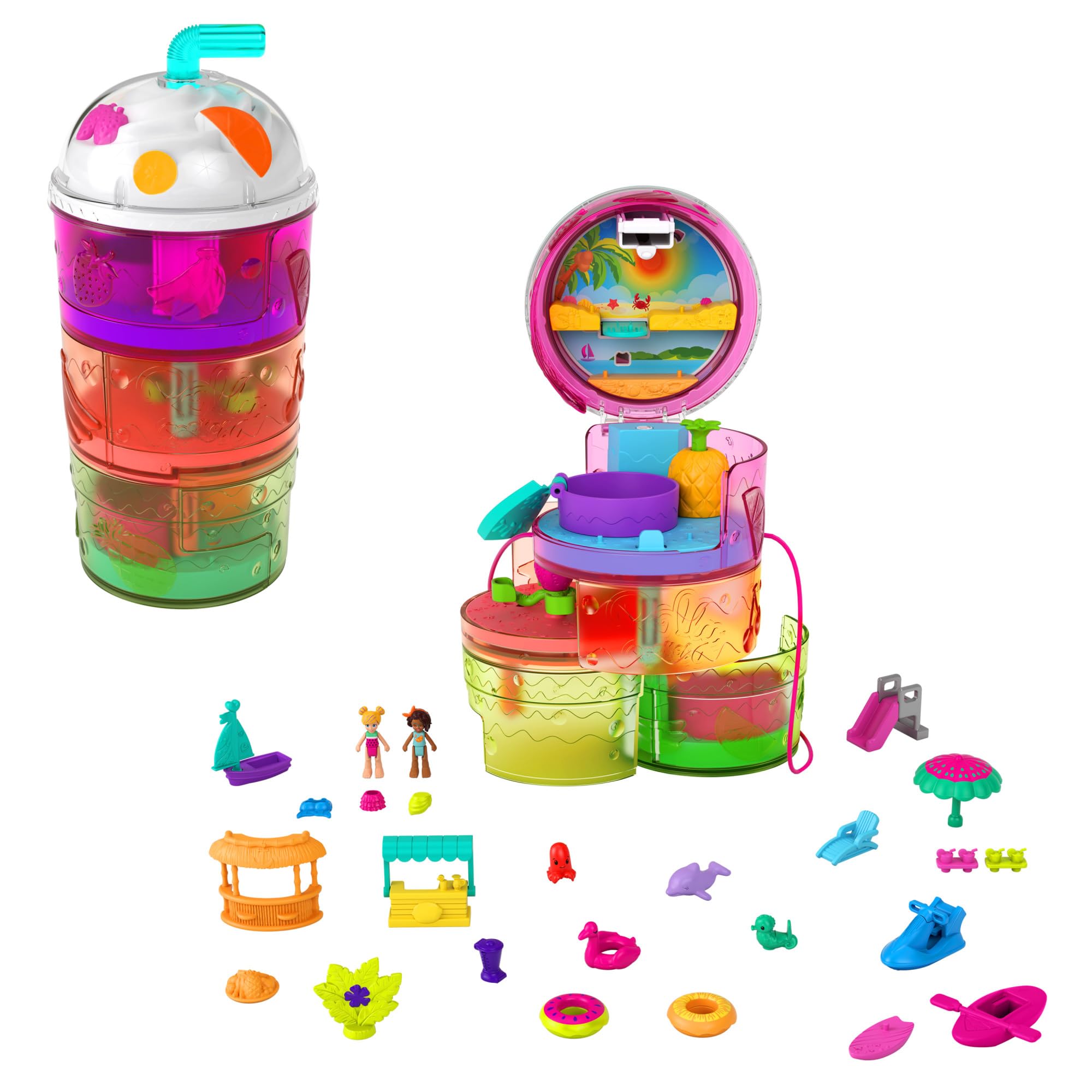 Polly Pocket Spin ‘n Surprise Compact Playset, Tropical Smoothie Shape, Waterpark Theme, 3 Floors, 25 Surprise Accessories Including Polly & Shani Dolls, Great Gift for Ages 4 Years Old & Up, HFP99