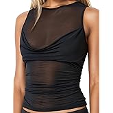 Penioca Sexy Pleated Ruched Crop Tank Tops for Women Mock Neck Sleeveless Mesh See Through Double Linery Tank Tops