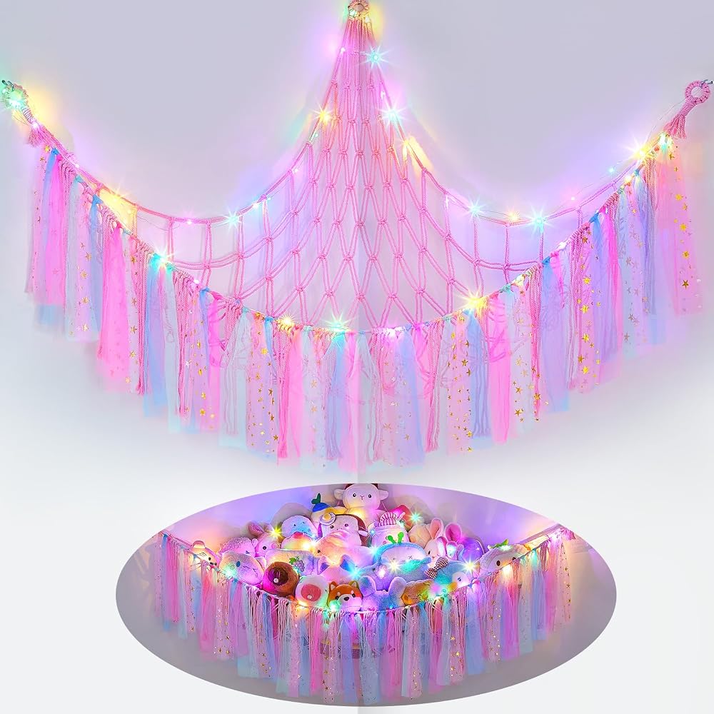 MHJY Toy Hammock Net with LED Light Large Corner Organizer