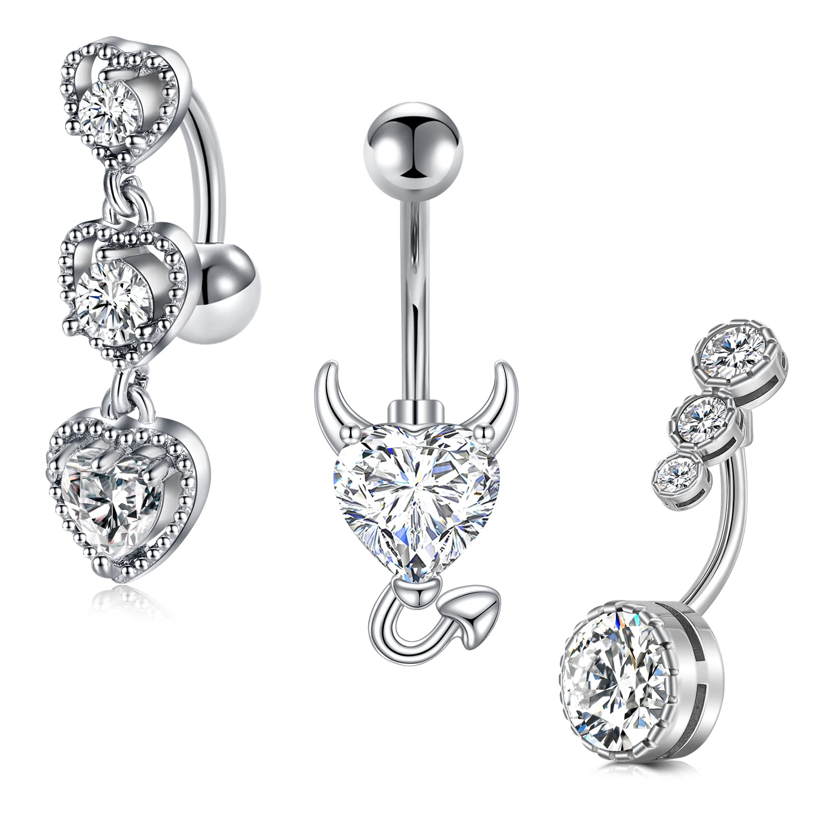 AceFun Silver Belly Bars Reverse Dangly Surgical Steel Belly Button Ring Cubic Zircon Opalite Crystal Belly Piercing Jewelry for Women Girls Butterfly Love Heart Devil's Horn 14G 1.6MM 10MM — image 1