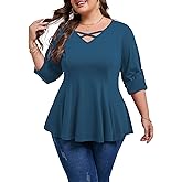 AMCLOS Womens Plus Size Tops 3/4 Roll up Sleeve Tunic V Neck Crossover T-Shirts Casual Flowy Pleated Blouses Summer 2025