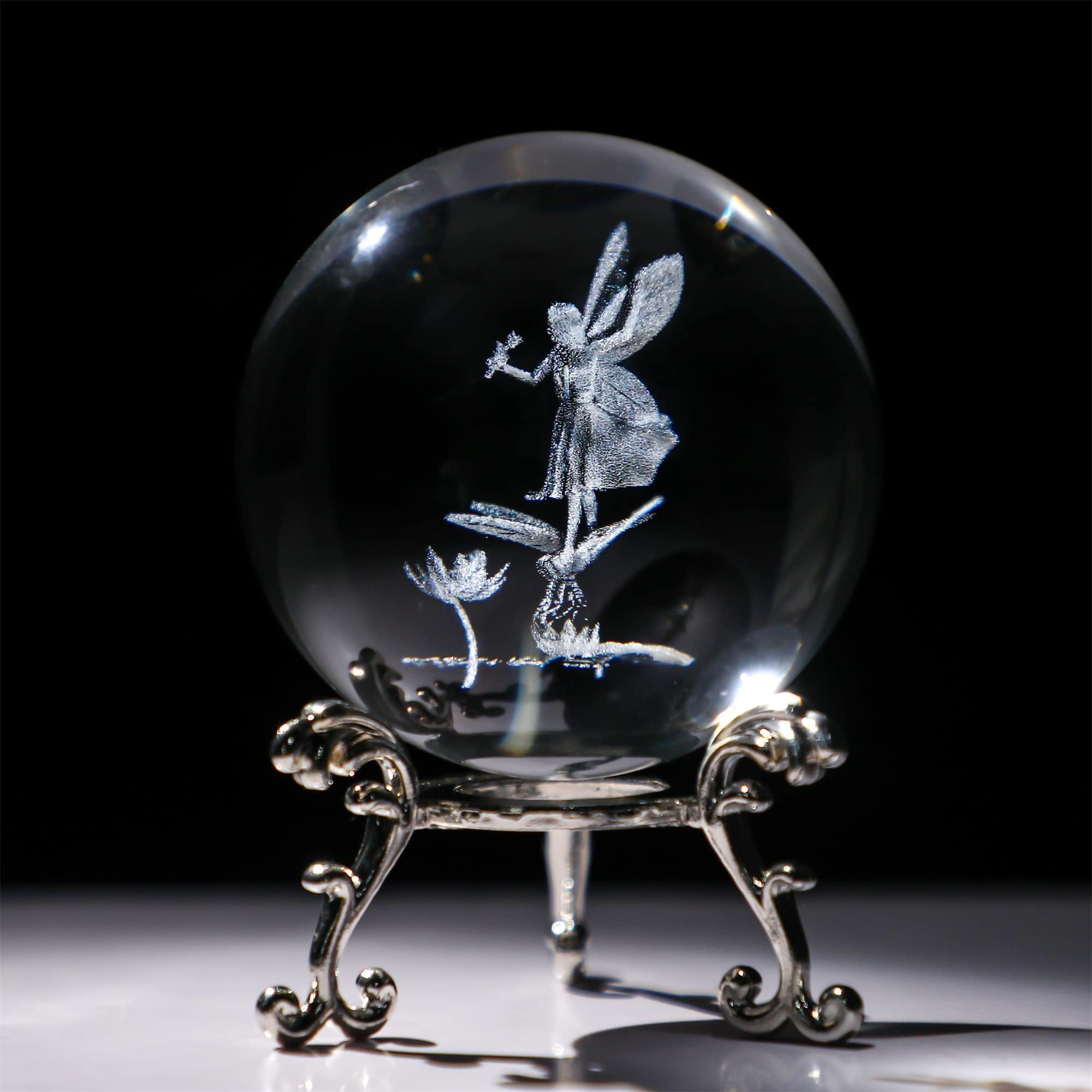 HDCRYSTALGIFTS 60mm 3D Fairy Crystal Ball Figurine Gifts for Women Men Laser Engraved Girl Dragonfly and Lotus Glass Crystal Ball with Stand Glass Ball Ornaments Decorations Christmas Art Decor