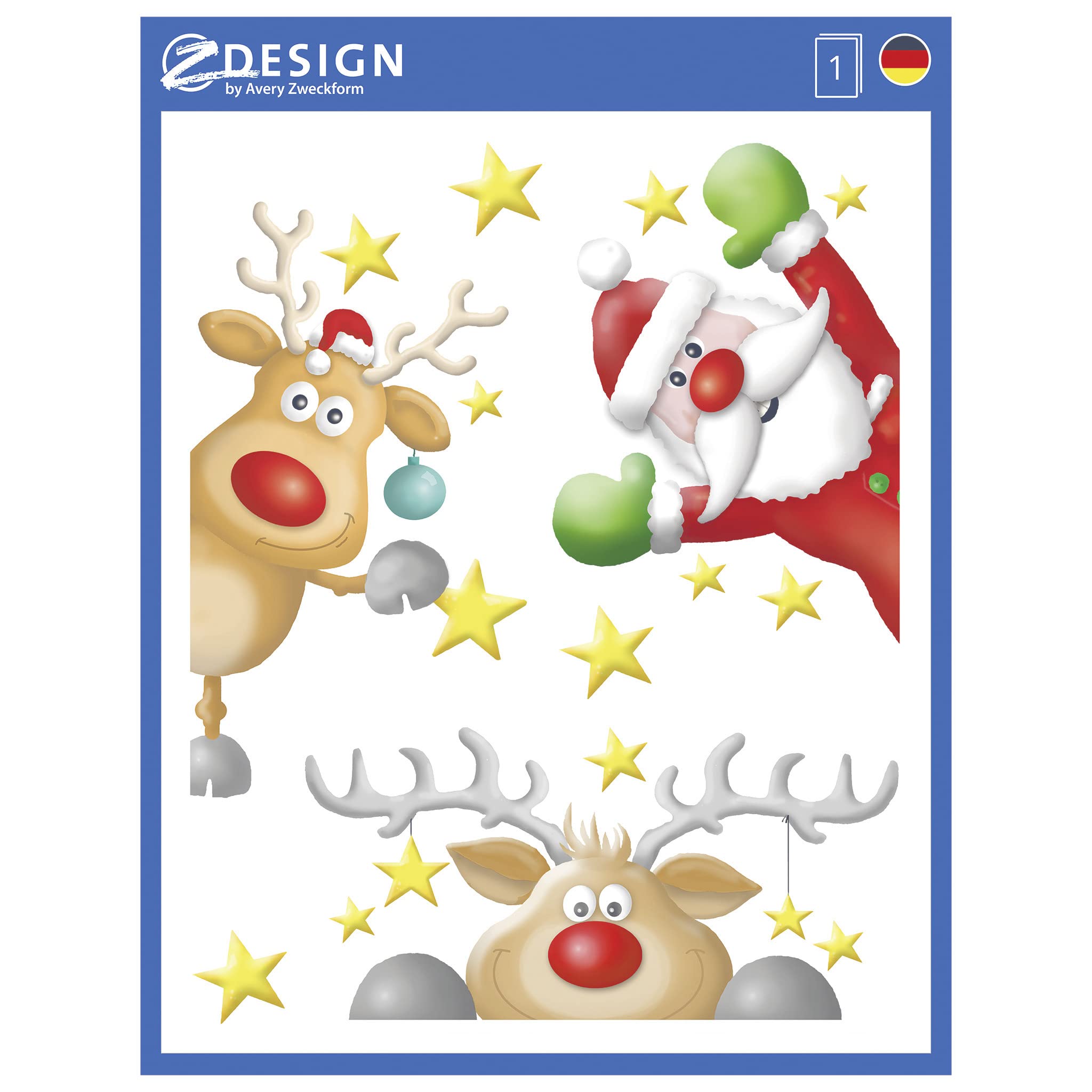 AVERY Zweckform 6 Window Decorations Reindeer Santa Claus Stars (Made in Germany, Self-Adhesive Window Stickers, Christmas Decoration, Window Film, Removable, Reusable) 1 Sheet / 6 Stickers, 52953