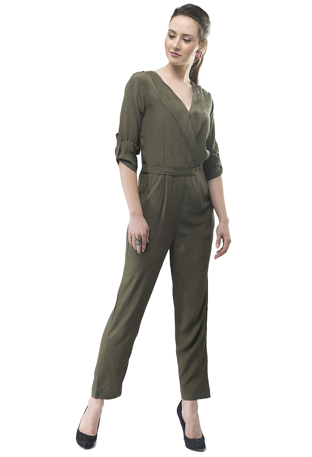 v&m women's olive green roll up sleeves straight leg jumpsuit