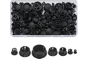 RUGLAMZHIP Plastic Hole Plugs, 180pcs Black Panel Knockout Locking Plugs, Round Drill Screw Hole Plugs Covers for Kitchen Cabinet Furniture Insert End Caps, 1" 3/4" 1/2" 3/8" 5/16" 1/4" 1/5"