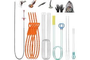 HuToYii 61'' Drain Clog Remover w/Claw, Plastic Drain Snake, Snake Drain Cleaner Tool w/Nylon Layer, Plumbing Snake Brush, Gloves, 15Pack Drain Hair Remover Tool Set for Toilet, Kitchen, Bathtub