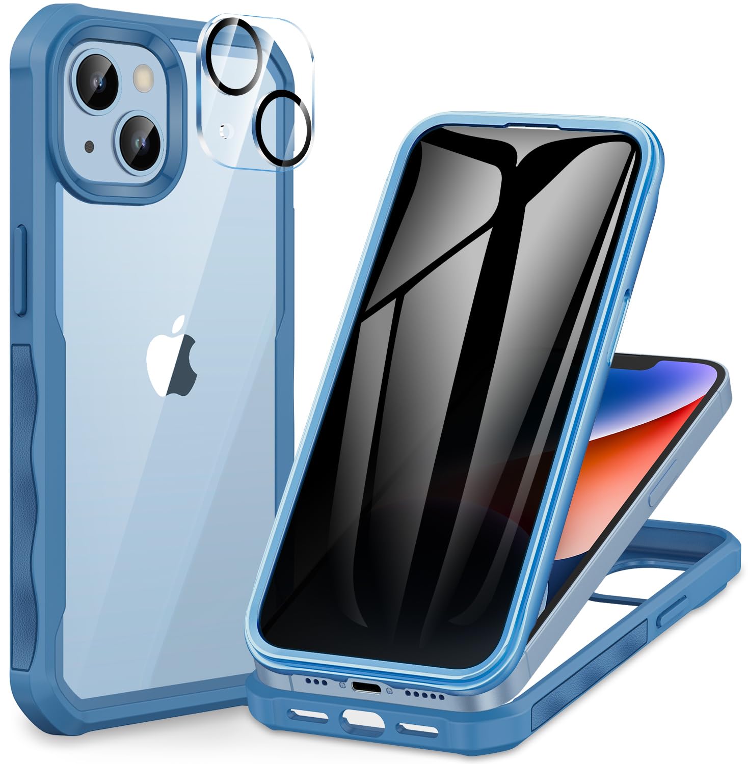 CENHUFO Compatible with iPhone 14/13 Case Built-in Privacy Screen Protector with Camera Lens Protector, 360°Full Body Shockproof Case for iPhone 13/14 with Anti Spy Screen Protector -Blue — image 1