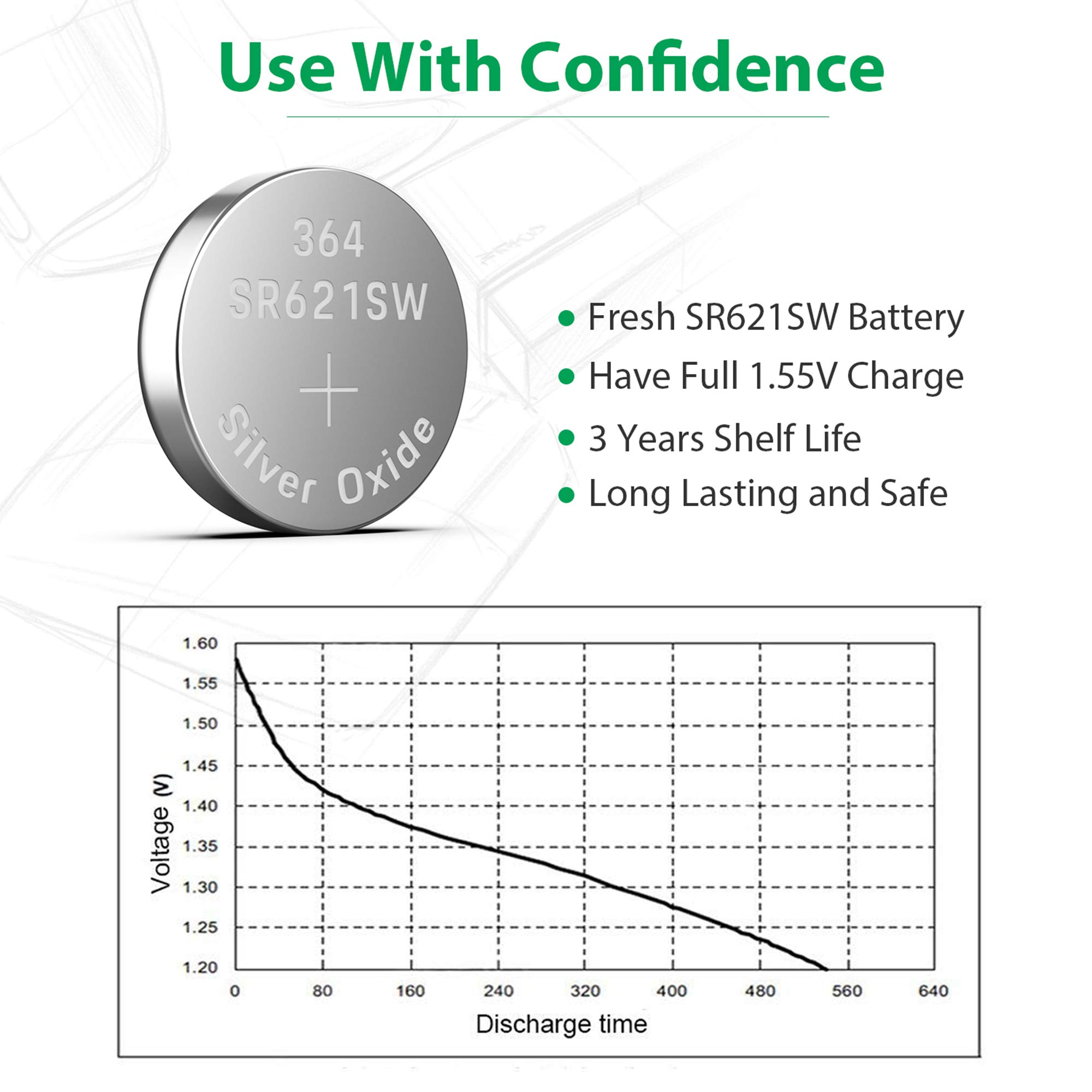 LiCB 10 Pack SR621SW 364 Watch Battery,Long-Lasting & Leak-Proof,High Capacity Silver Oxide 1.55V Button Cell Batteries for Watch