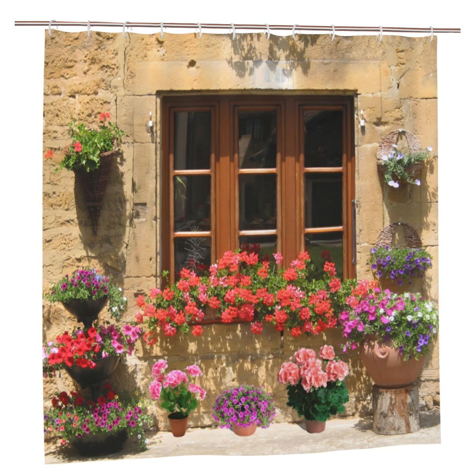 Newhomestyle Retro Windows Garden Shower Curtain, Beautiful Flowers Flowerpot Scenery Outside the Window Waterproof Bath Curtains, Floral Outdoor Bathtub Curtain with 12 Hooks, 180X180cm