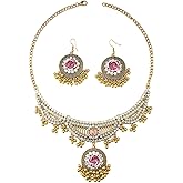 Boho Rose Flower Bead Indian Jhumka Jewelry Set for Women CZ Floral Ball Tassel Dangle Hook Statement Earrings Adjustable Chain Bib Choker Necklace Oxidized Traditional Bollywood Wedding Accessories