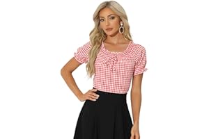 Allegra K Gingham Plaid Blouse for Women Halloween Costumes Peasant Round Neck Ruffles Puff Sleeve Top
