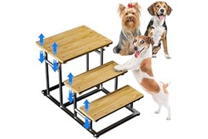 CIDAZIYA Deformable Bamboo Pet Dog Stairs Dog Steps for High Bed & Couch, Adjusted 4 or 3 Ladder Dog Step Pet Stairs, Metal & Non-Slip Bamboo Board Pet Step Cat Stairs Steps for Small Medium Dogs