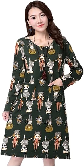 Amazon 秋冬 レディース ワンピース 3色 プリントワンピース ニットワンピース ネコ柄イラスト ラウンドネック aライン 長袖 膝丈 フレアスカート カジュアル 体型カバー ゆったり クマのいぐるみ付き K5426 ワンピース チュニック 通販