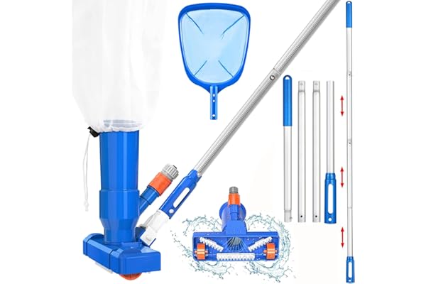 60" Portable Pool Vacuum Jet Underwater Cleaner and Leaf Skimmer Net (No Garden Hose Included), 4 Section Pole of Hand Held P