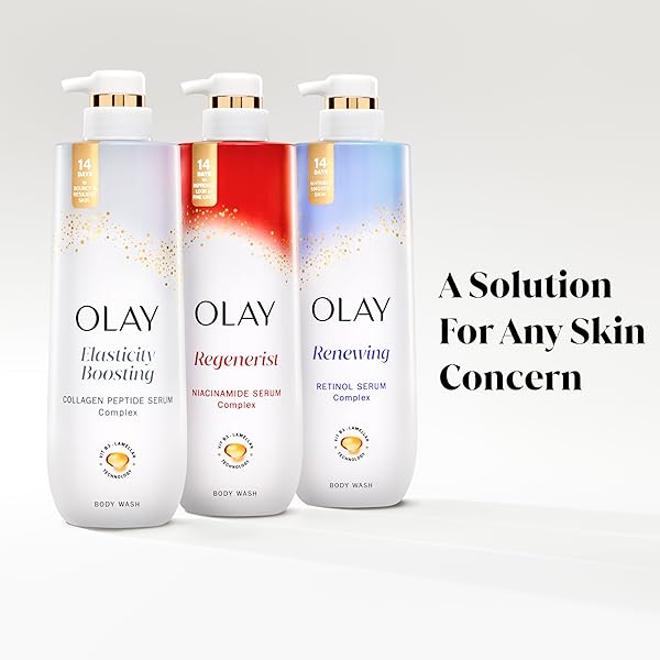 OLAY BODY WASH FOR WOMEN, ELASTICITY BOOSTING, COLLAGEN PEPTIDE SERUM COMPLEX, RENEWS MOISTURE, FREE OF PARABENS & PHTHALATES, VITAMIN B3 LAMELLER TECHNOLOGY, FOR ALL SKIN TYPES, 26 FL OZ