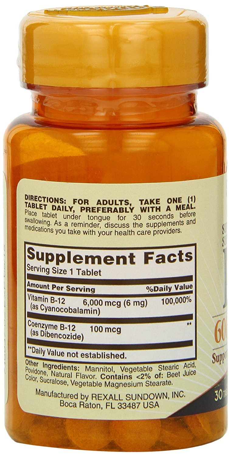 Amazon.com : Sundown Naturals Sublingual B-12 6000 Mcg Tablets, 120 Count (2 X 60 Count Bottles) : Grocery & Gourmet Food