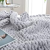 Bigacogo Chunky Knit Throw Blanket for Couch, 80x90 inches, 100% Hand Knitted with Thick Jumbo Chenille Yarn, Cozy Soft Large Rope Knot Cable Crochet Blankets for Sofa Bed Living Room, Light Grey
