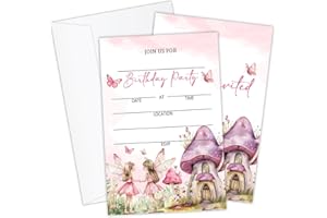 LESIXUR Pink Fairy Birthday Invitation with Envelopes, Enchanted Garden Double-Sided Fill-in Birthday Invites Cards, Party Favor & Decor for Boys Girl-SAG10