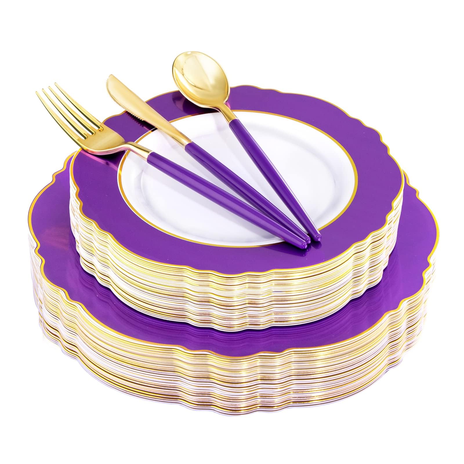 Photo 1 of WDF 30Guest Purple Plastic Plates with Gold Rim & Disposable Gold Plastic Silverware With Purple Handle - Baroque Party Plates Mardi Gras Plate for Birthday Parties