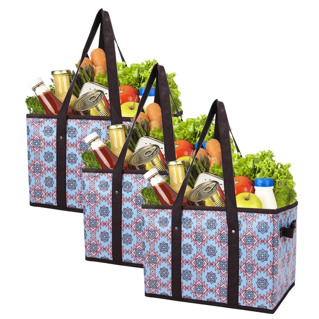 Foraineam 3 Pcs Reusable Grocery Bag Large Shopping Box Bags Collapsible Heavy Duty Durable Shopper Tote with Handles and Reinforced Bottom - 15 L